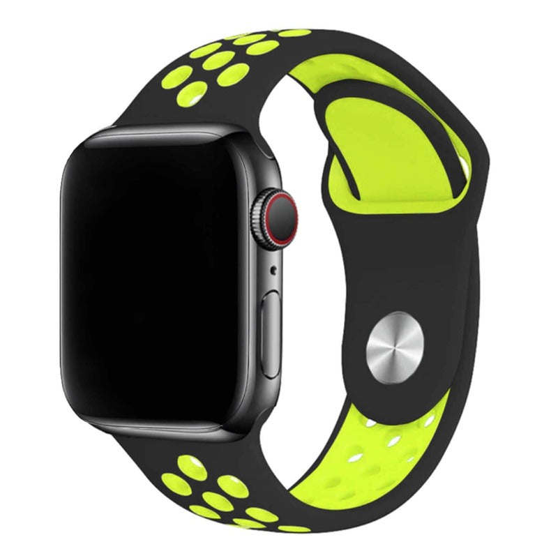Armband für Apple Watch aus Silikon in der Farbe Schwarz Neongrün, Modell Silicon Valley #farbe_Schwarz Neongrün