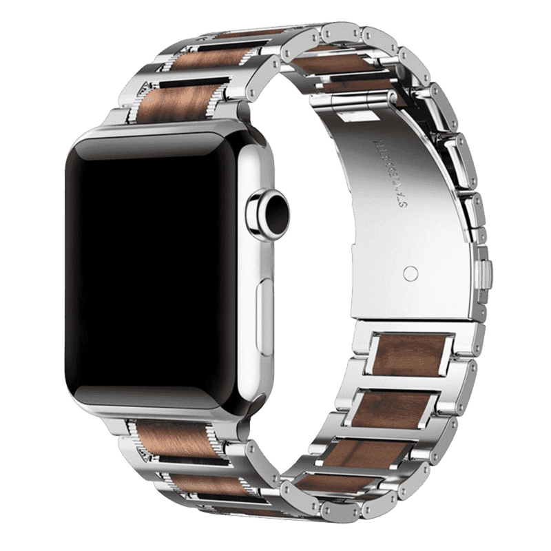 Armband für Apple Watch aus Holz in der Farbe Silber/Braun, Modell Nairobi #farbe_Silber/Braun