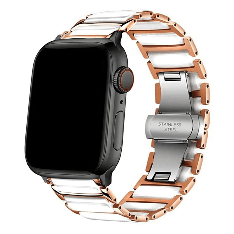 Armband für Apple Watch aus Keramik, Edelstahl in der Farbe Rosegold/Weiß, Modell Athen #farbe_Rosegold/Weiß