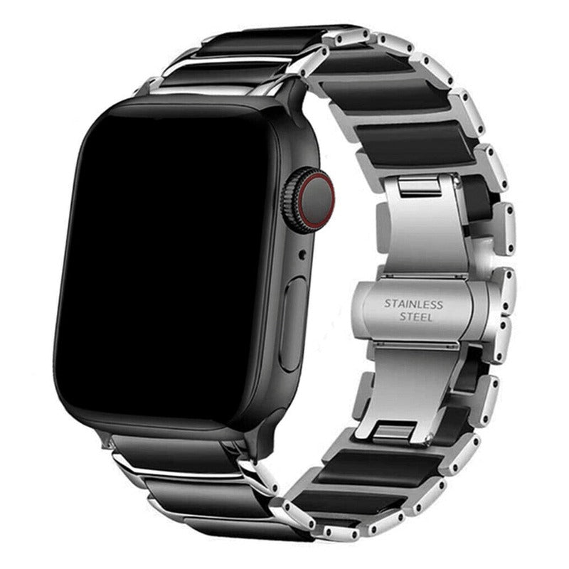 Armband für Apple Watch aus Keramik, Edelstahl in der Farbe Silber/Schwarz, Modell Athen #farbe_Silber/Schwarz