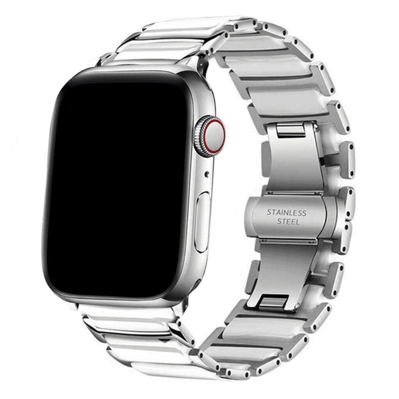 Armband für Apple Watch aus Keramik, Edelstahl in der Farbe Silber/Weiß, Modell Athen #farbe_Silber/Weiß