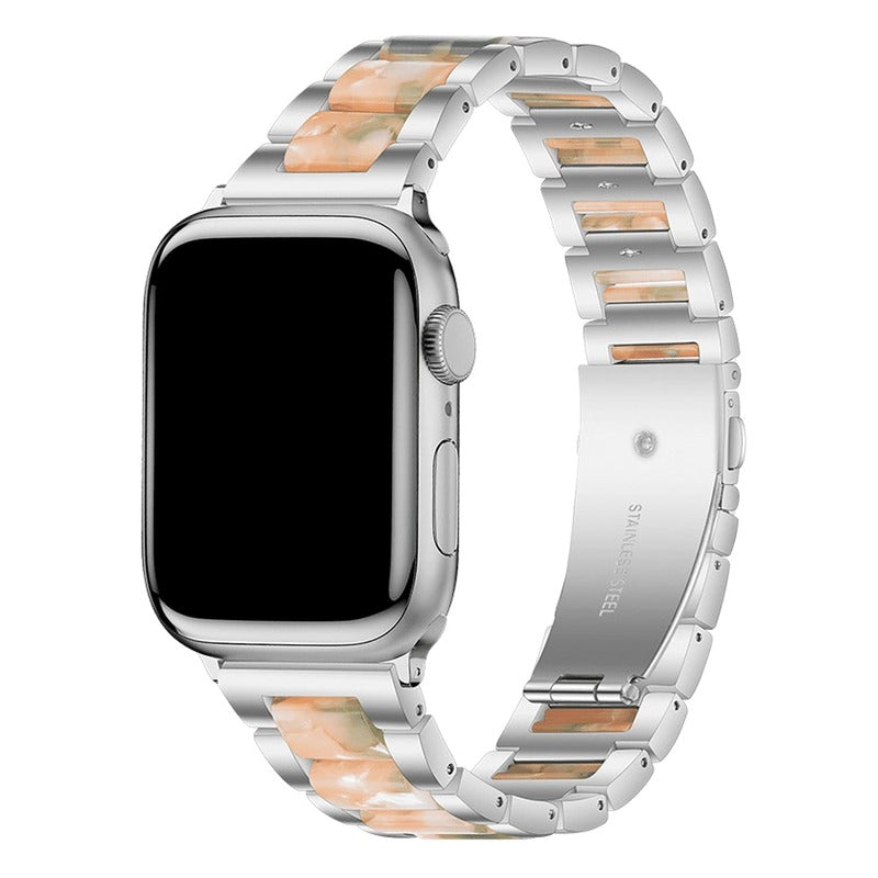 Armband für Apple Watch aus Edelstahl in der Farbe Silber/Pink/Grün, Modell Lissabon #farbe_Silber/Pink/Grün